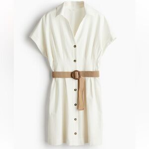 H&M Chic White Linen Blend Dress with Tan Belt
